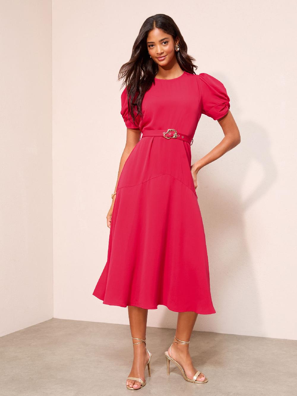 seraphine Friends Like These Berry Red Ruched Short Sleeve Belted Midi Dress