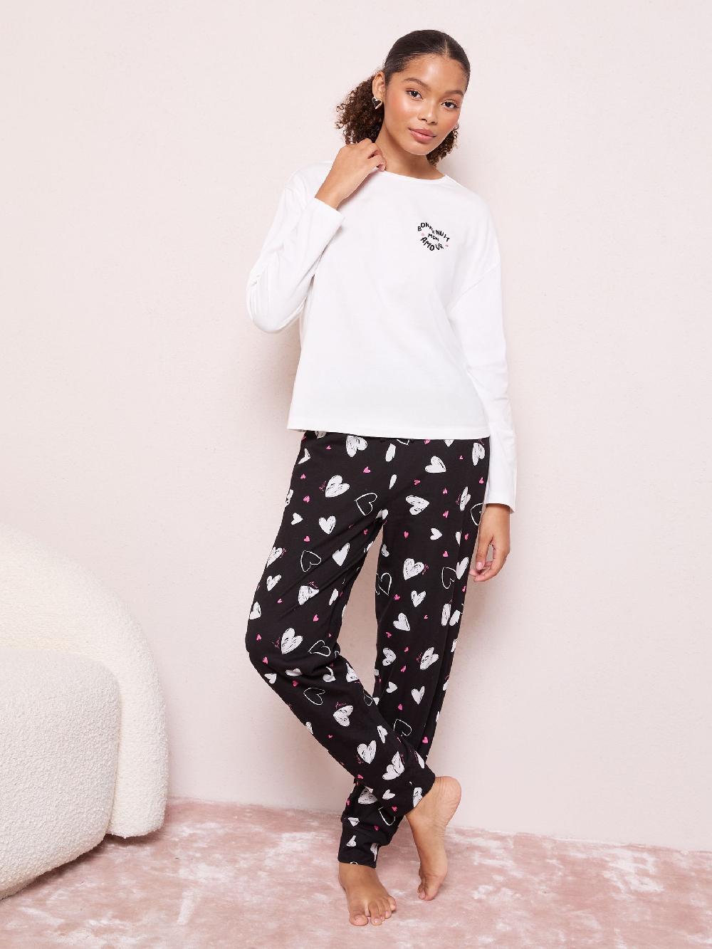 Seraphine Friends Like These Black/White Bonne Nuit Heart Long Sleeve Pyjamas