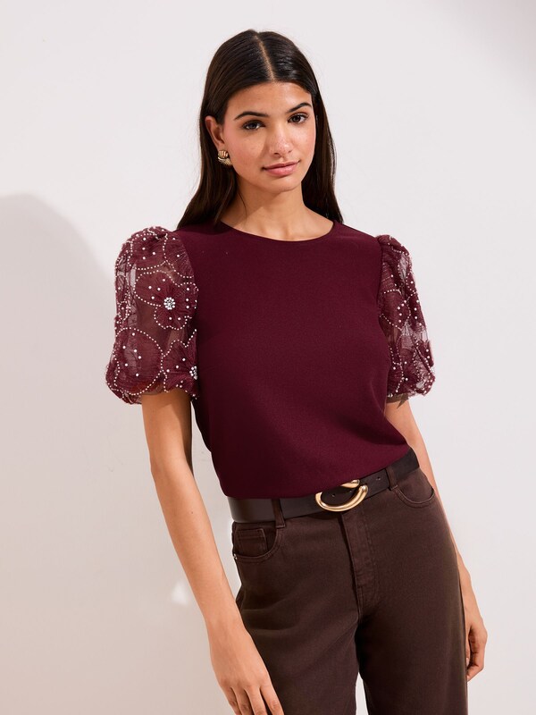 Seraphine Friends Like These Burgundy Rose Detail Puff Sleeve Top