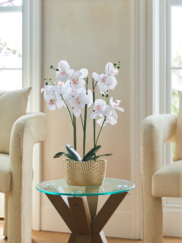 Seraphine Gold/White Artificial Real Touch Orchid In Geo Pot