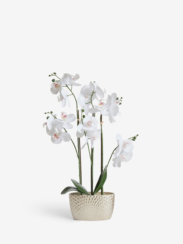 Seraphine Gold/White Artificial Real Touch Orchid In Geo Pot