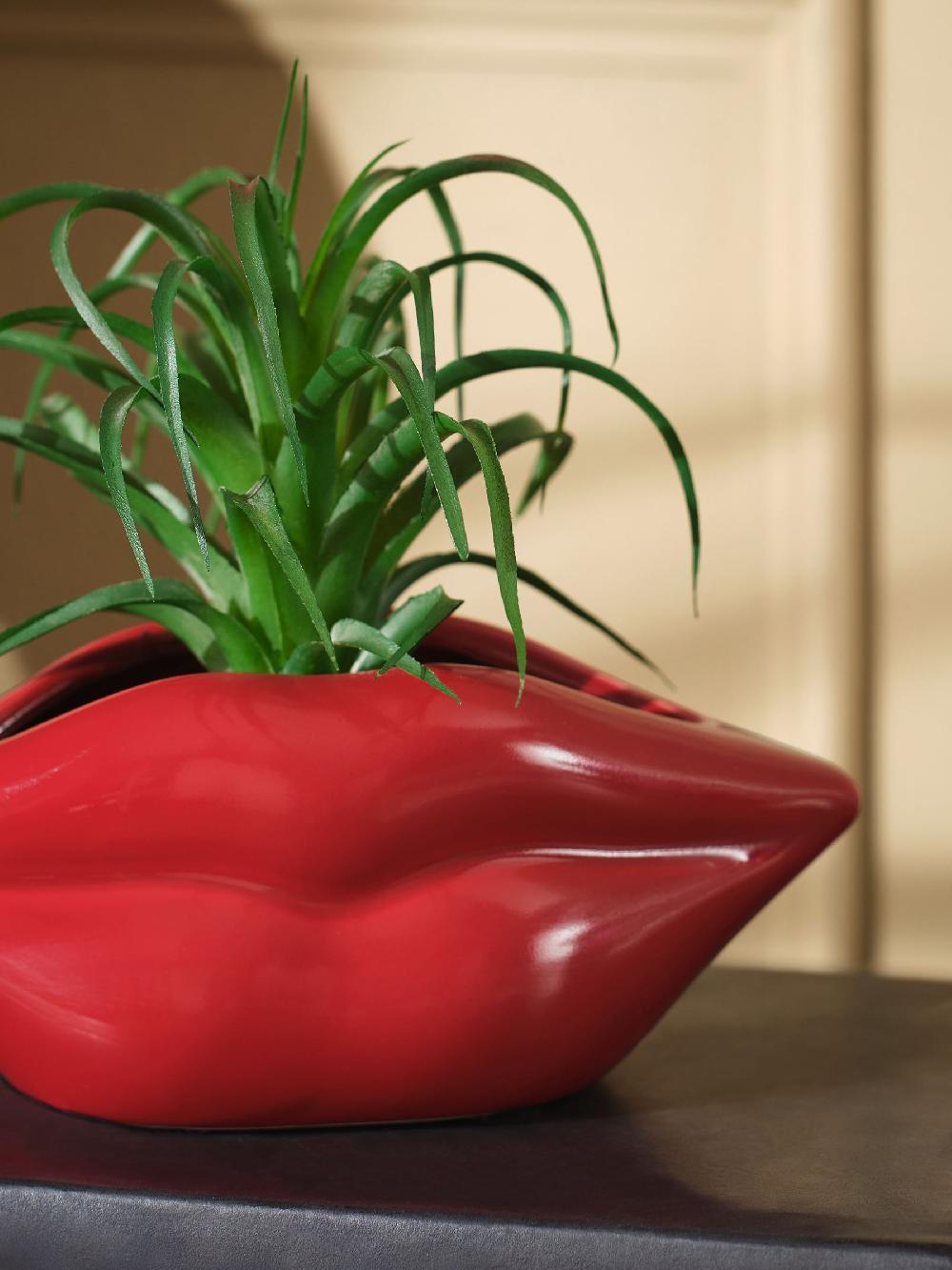 seraphine Green Artificial Succulent in Red Lips Vase