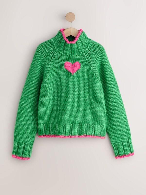 Seraphine Green/Pink Heart Chunky Knit Stand Neck Jumper With Wool