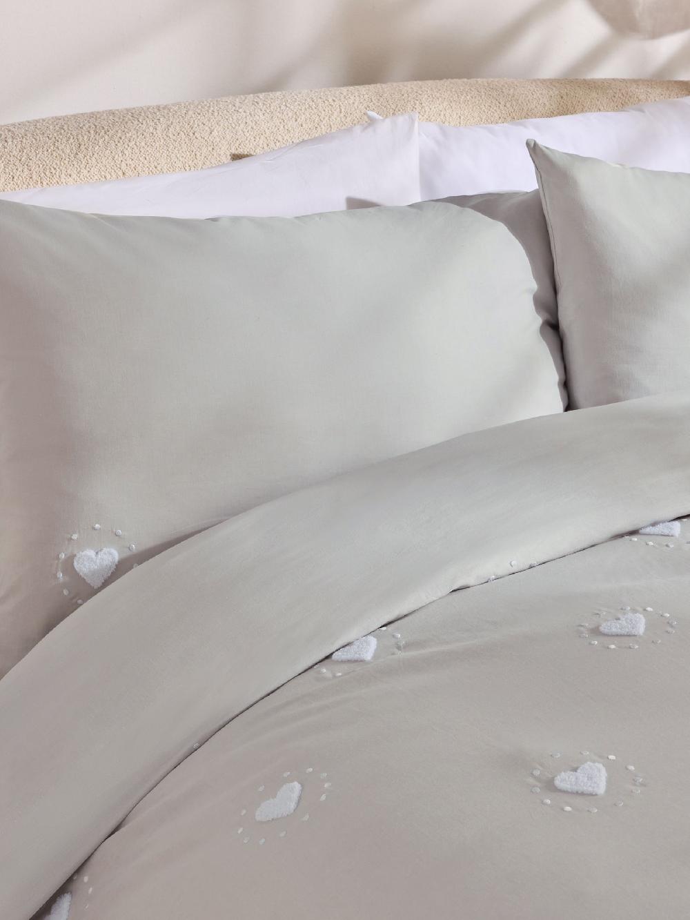 seraphine Grey 100% Cotton Heart Tuft & Embroidery Duvet Cover Set