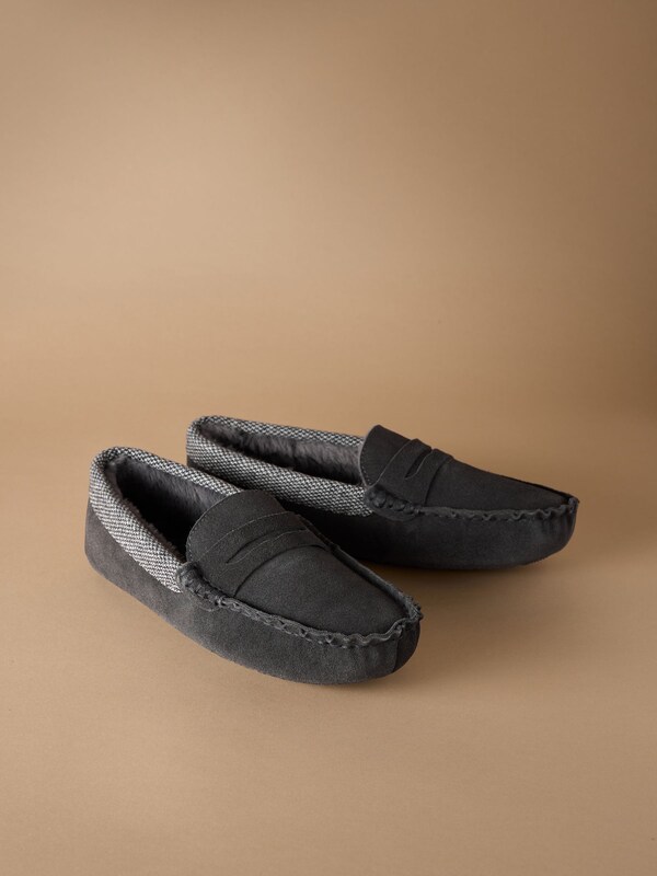 Seraphine Grey Signature Suede Fabric Trim Moccasin Slippers