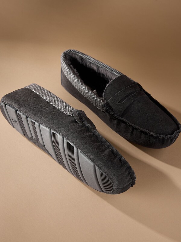 Seraphine Grey Signature Suede Fabric Trim Moccasin Slippers
