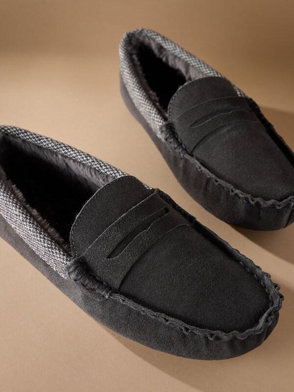 Seraphine Grey Signature Suede Fabric Trim Moccasin Slippers