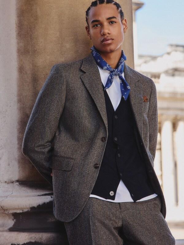 Seraphine Grey Slim Fit Wool Blend Herringbone Stripe Suit Jacket