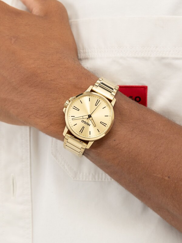 Seraphine HUGO Gold Tone Gents Smooth Stainless Steel Bracelet Watch With Green Dial