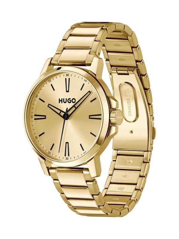 seraphine HUGO Gold Tone Gents Smooth Stainless Steel Bracelet Watch With Green Dial