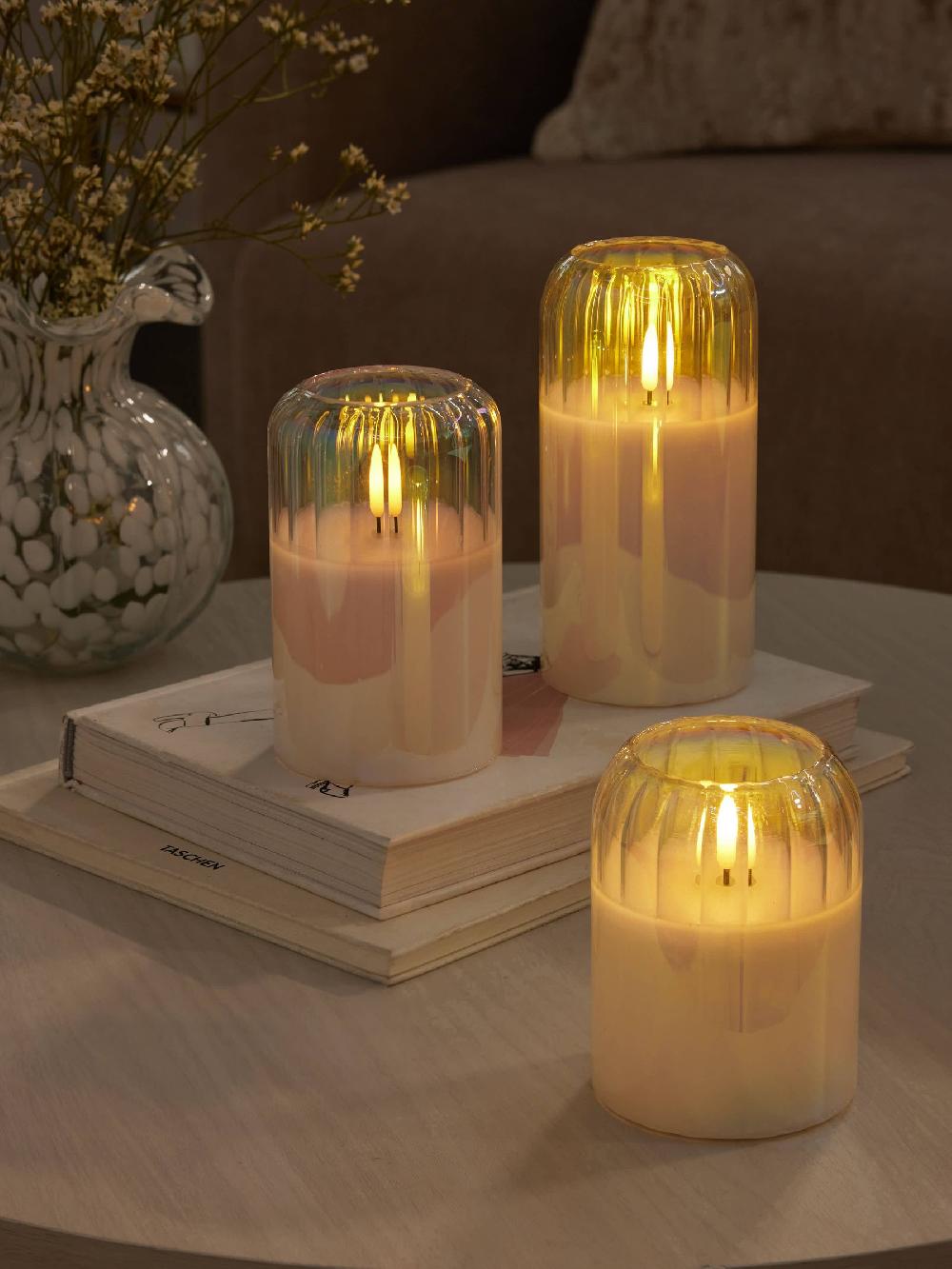seraphine Iridescent Glass Ribbed LED Set of 3 Unscented Pillar Candle