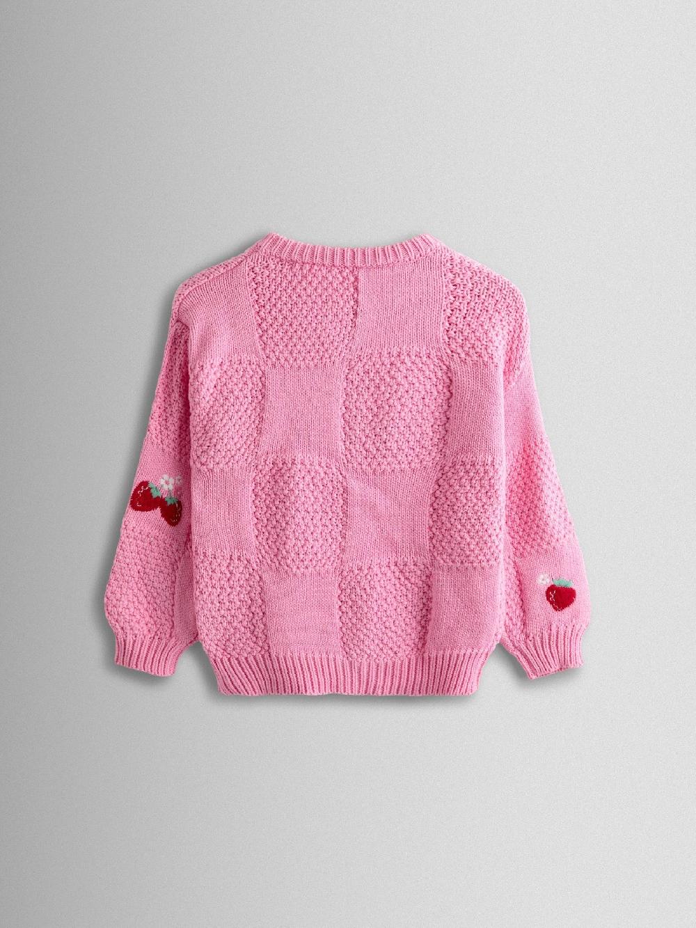 seraphine JoJo Maman Bébé Bright Pink Embroidered Checkerboard Knit Cardigan