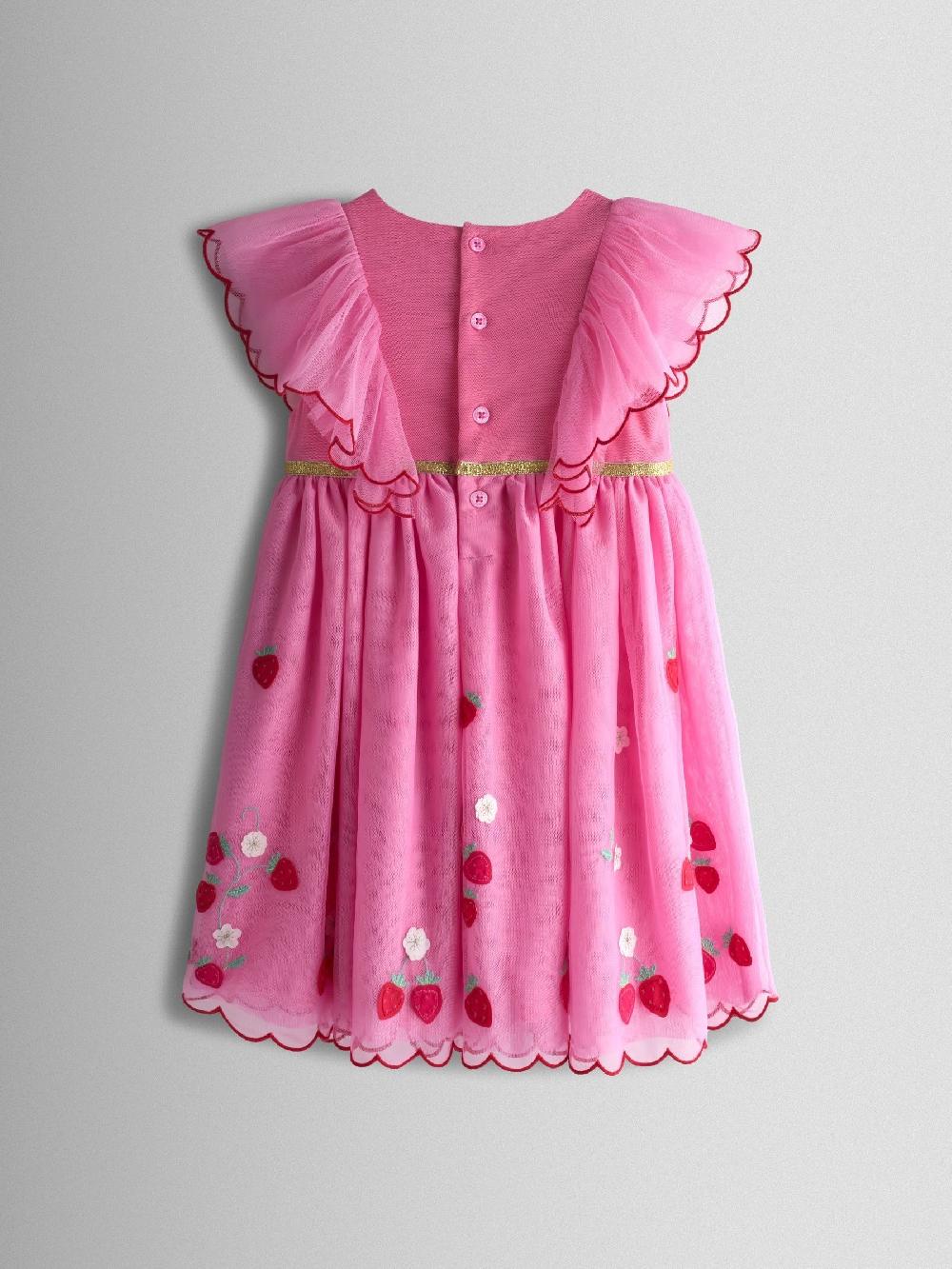 seraphine JoJo Maman Bébé Bright Pink Strawberry Wildflower Embroidered Puff Sleeve Tulle Party Dress
