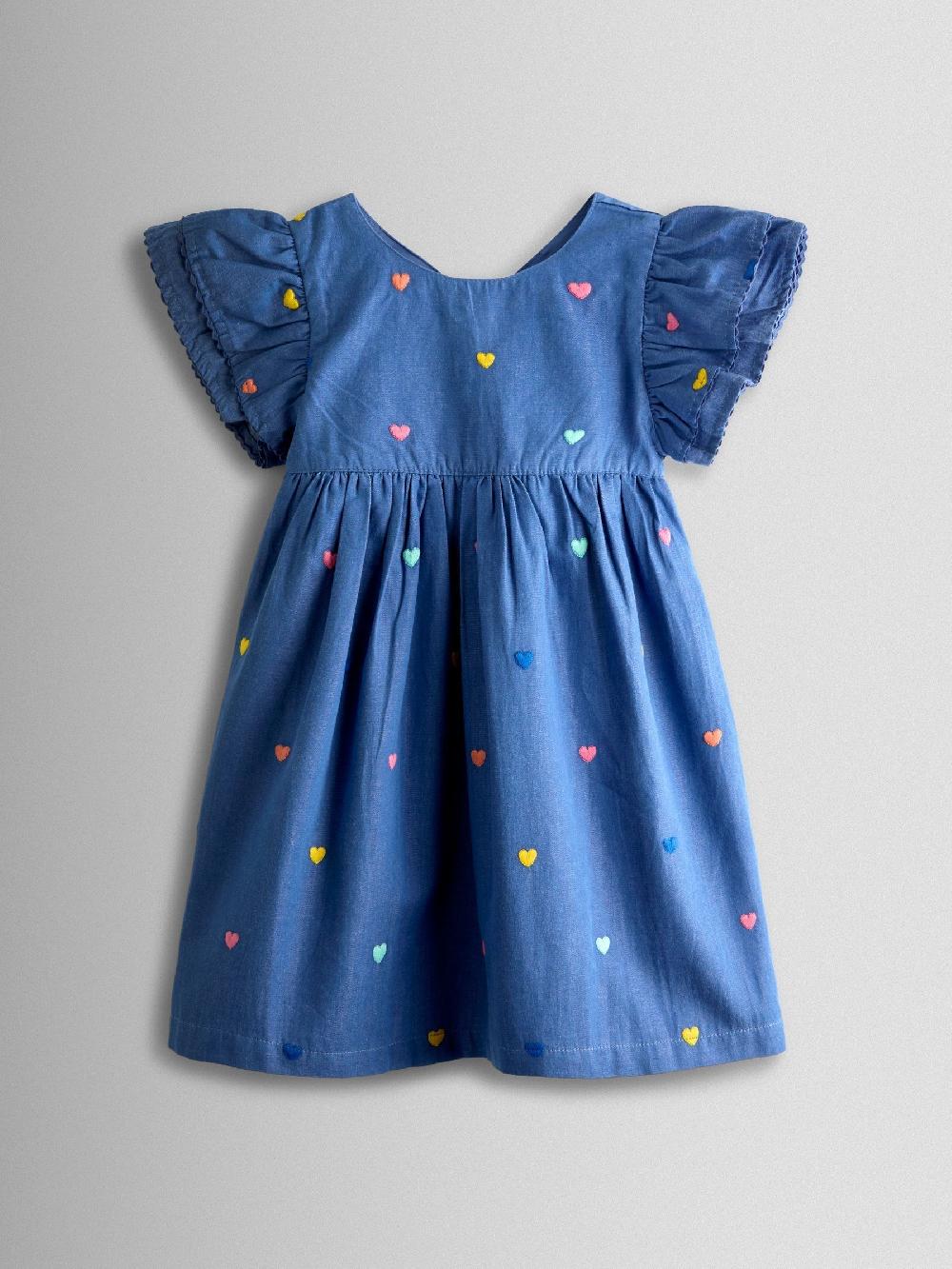 seraphine JoJo Maman Bébé Chambray Blue Hearts Embroidered Frill Sleeve Dress
