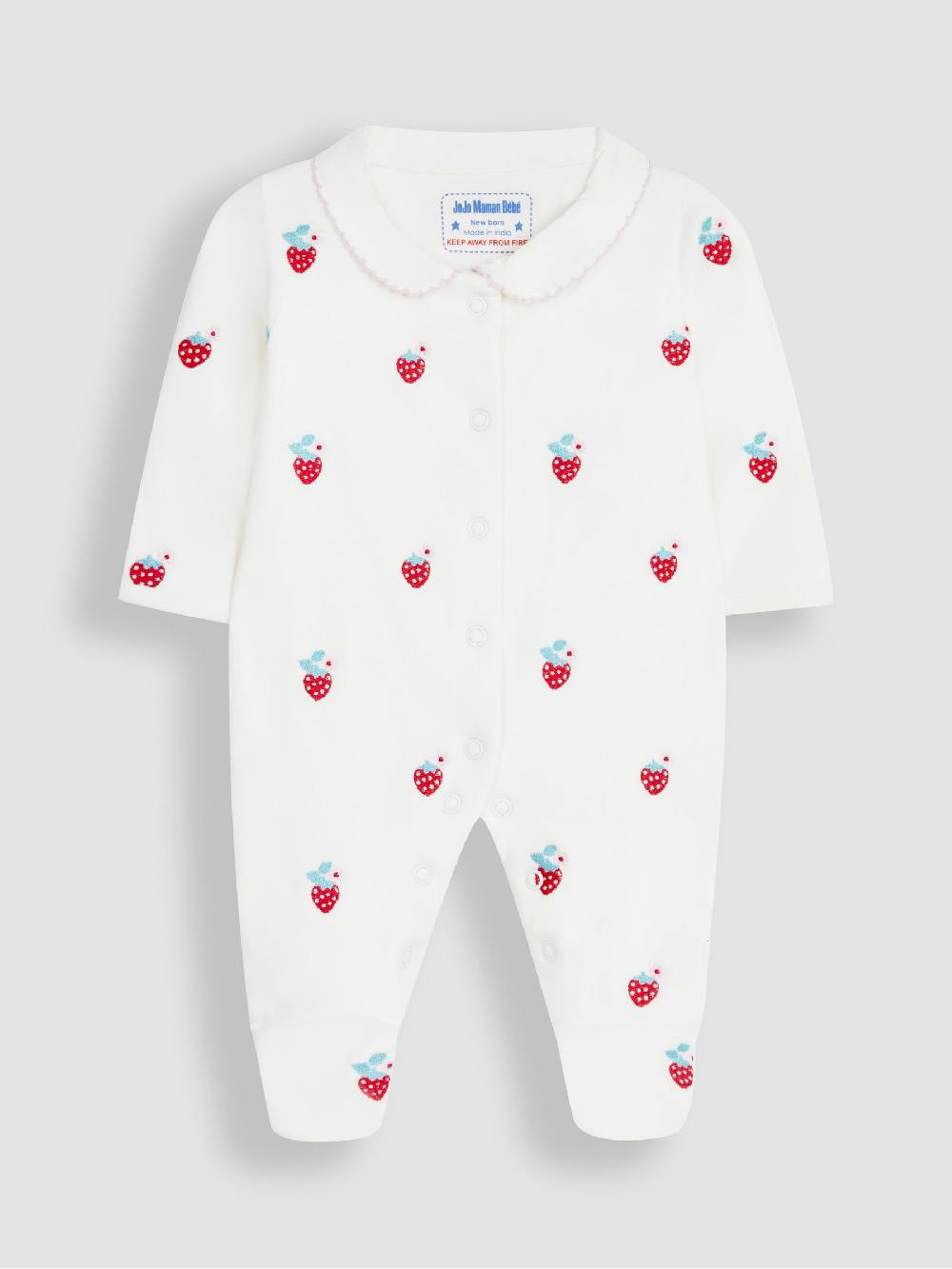 seraphine JoJo Maman Bébé Cream Organic Cotton Strawberry Embroidered Sleepsuit