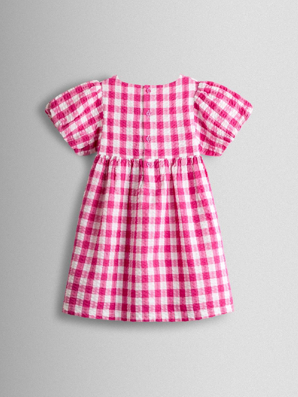 seraphine JoJo Maman Bébé Fuchsia Pink Gingham Fruit Appliqué Puff Sleeve Dress