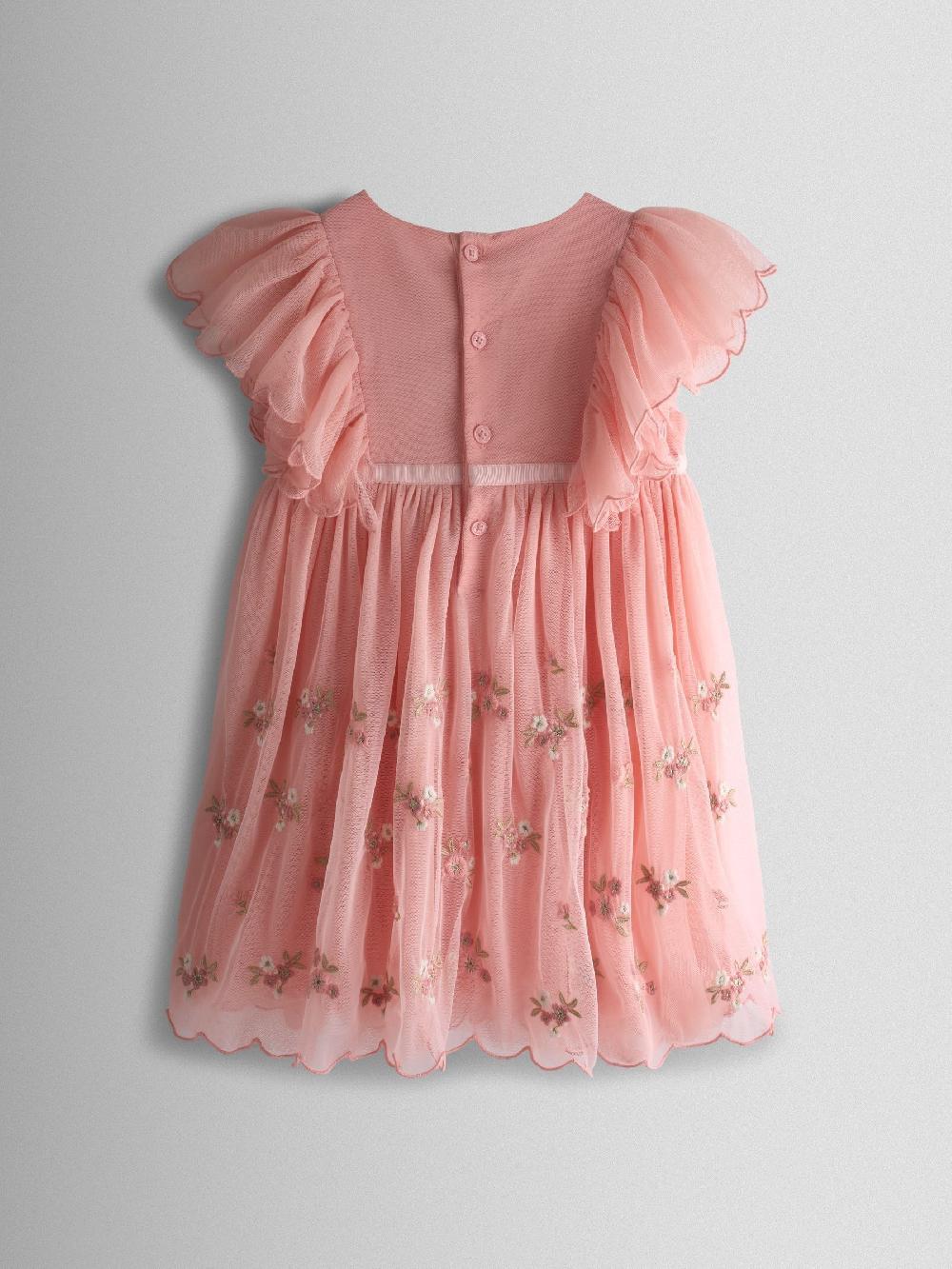 seraphine JoJo Maman Bébé Light Pink Frill Shoulder Scalloped Embroidered Party Dress