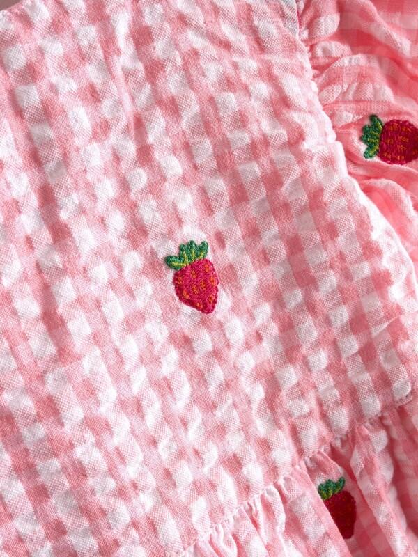 Seraphine JoJo Maman Bébé Pink Gingham Strawberry Embroidered Frill Sleeve Dress