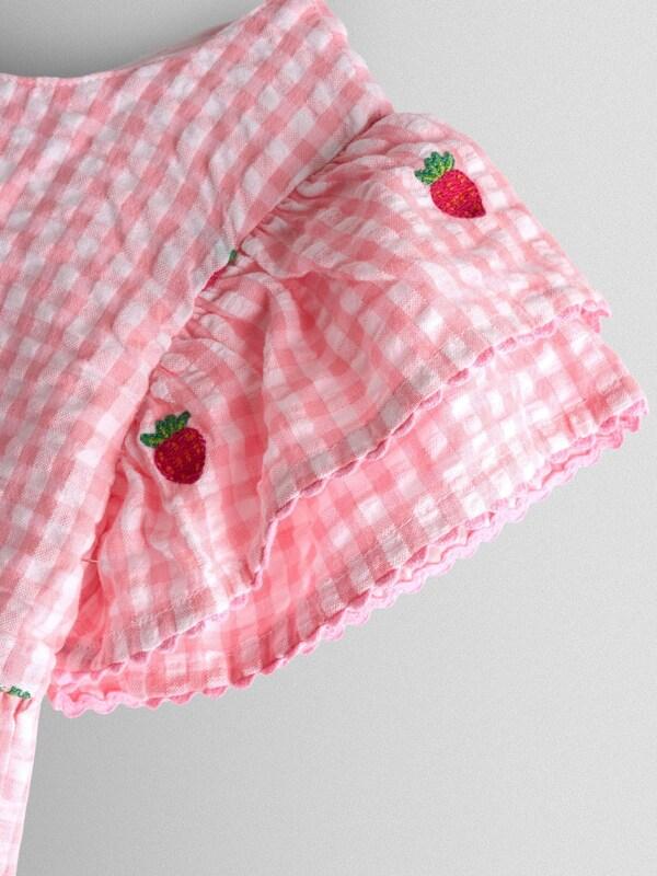 Seraphine JoJo Maman Bébé Pink Gingham Strawberry Embroidered Frill Sleeve Dress
