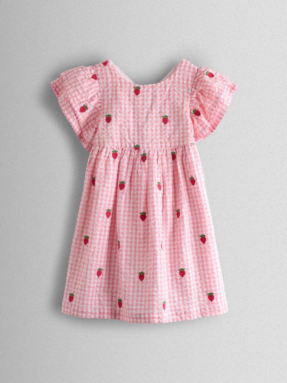 seraphine JoJo Maman Bébé Pink Gingham Strawberry Embroidered Frill Sleeve Dress