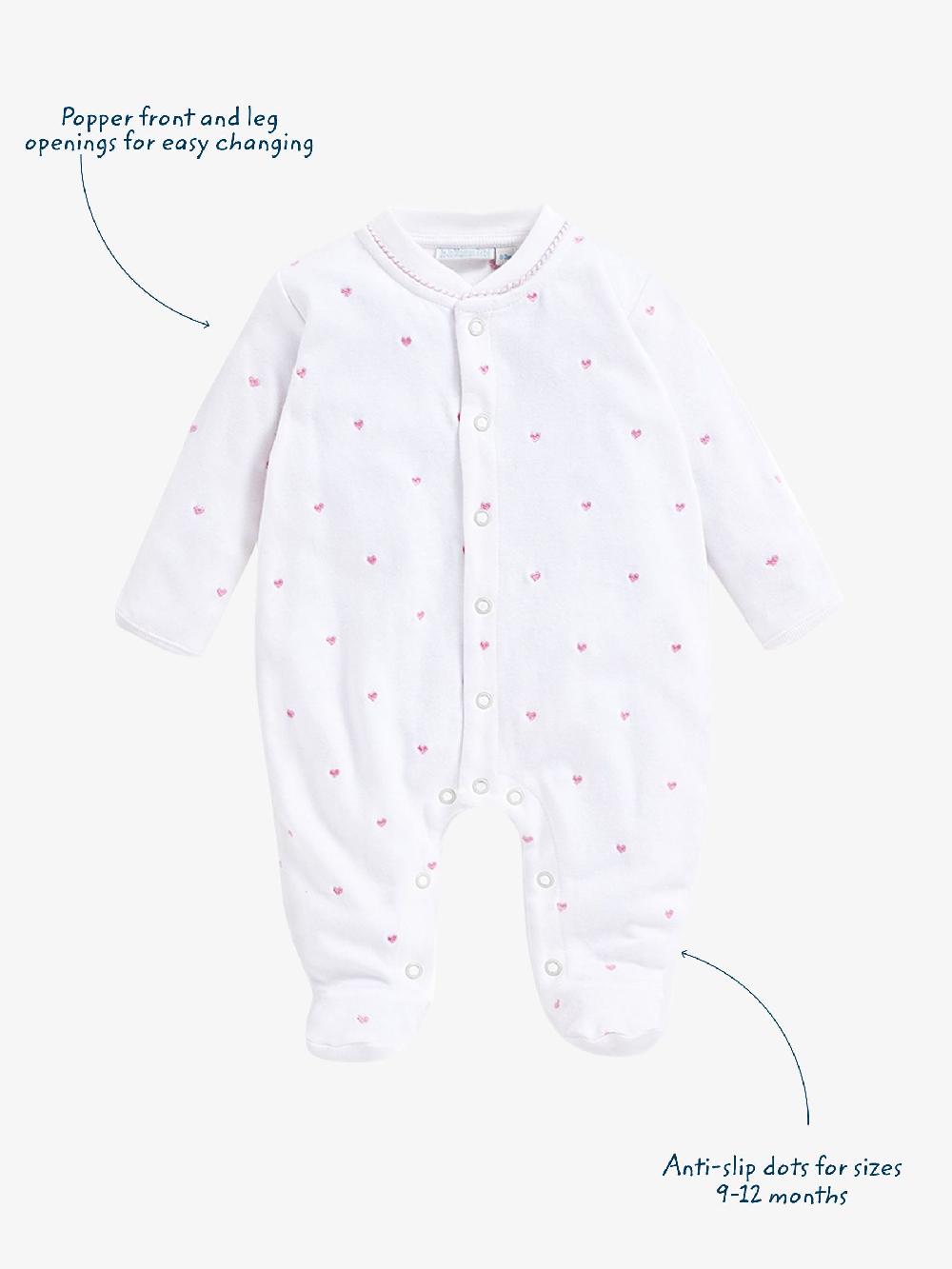 seraphine JoJo Maman Bébé Pink Heart Embroidered Cotton Baby Sleepsuit