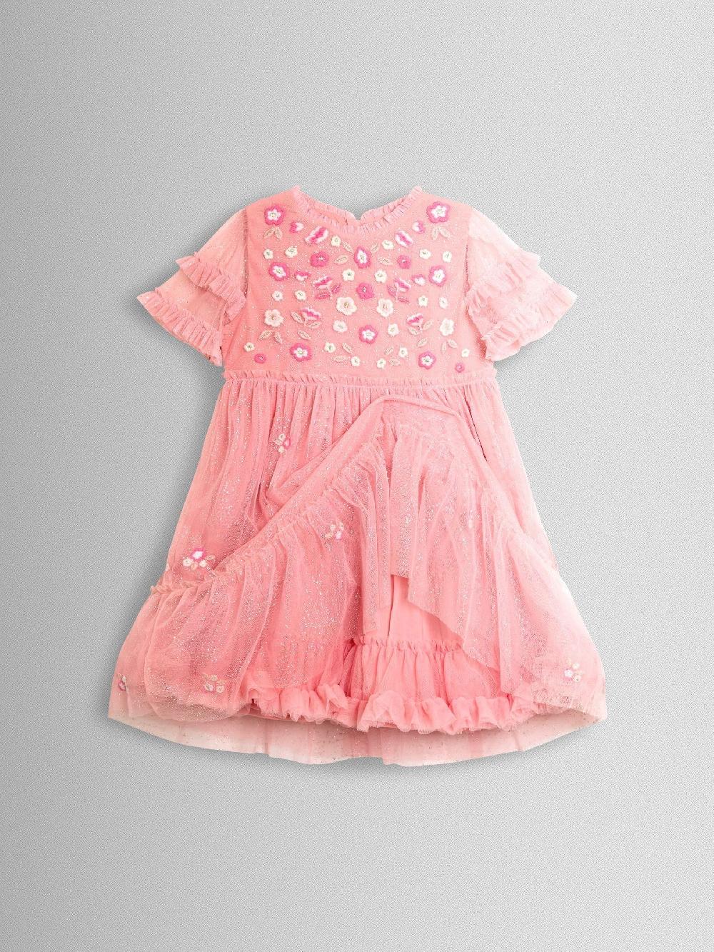 seraphine JoJo Maman Bébé Pink Sparkle Floral Embroidered Tiered Tulle Party Dress