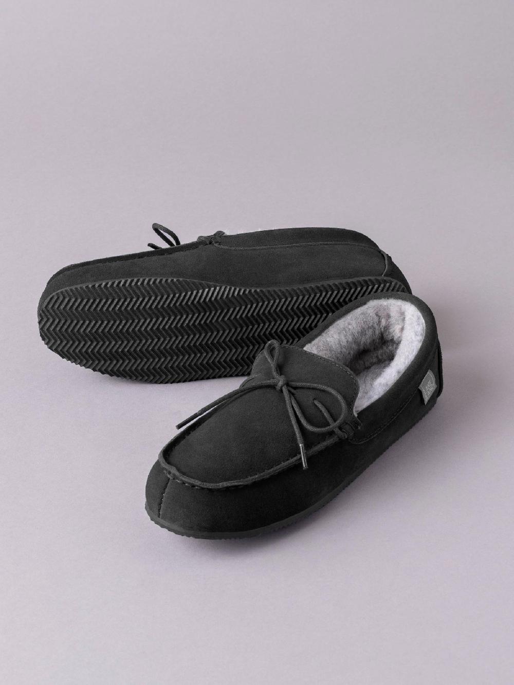 seraphine Lakeland Leather Black Sheepskin Moccasin Slippers