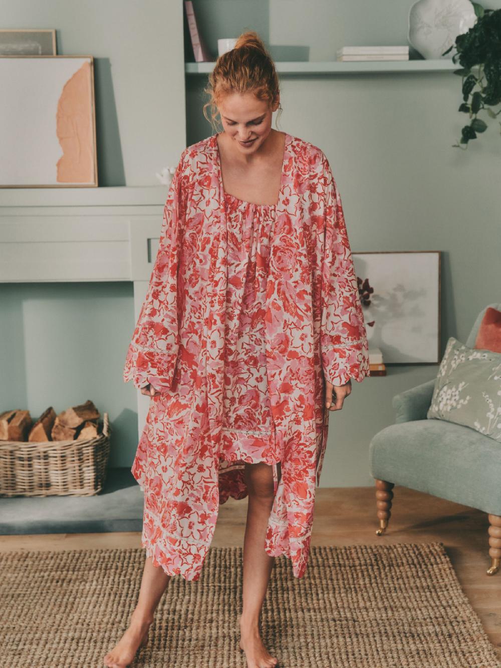 Seraphine Laura Ashley Pink Peony Cotton Scalloped Woven Robe