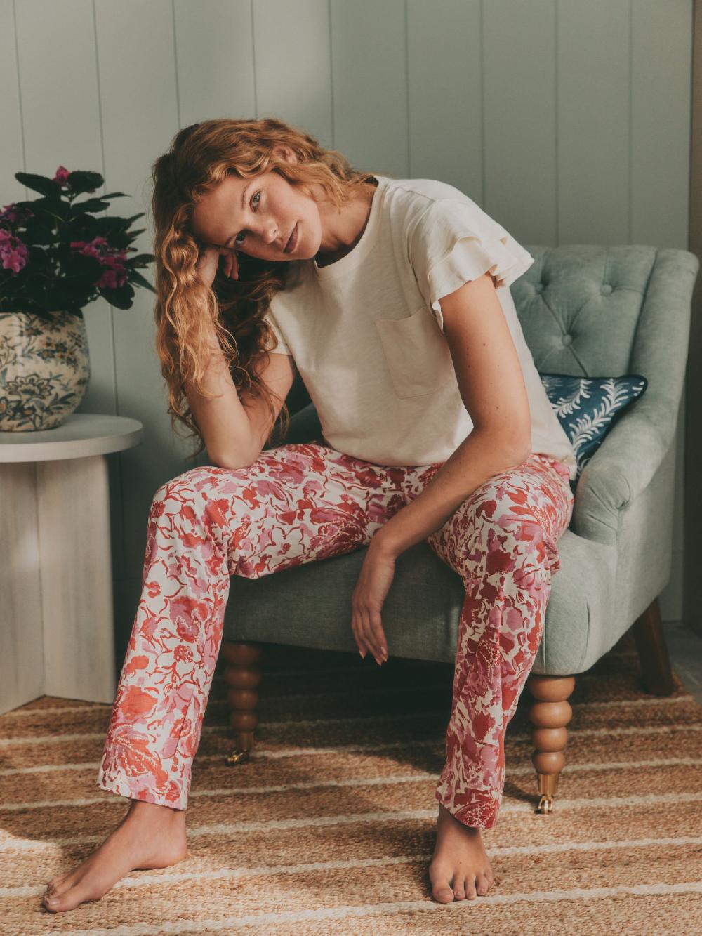 seraphine Laura Ashley Pink Peony Ruffle Short Sleeve Jersey Pyjamas