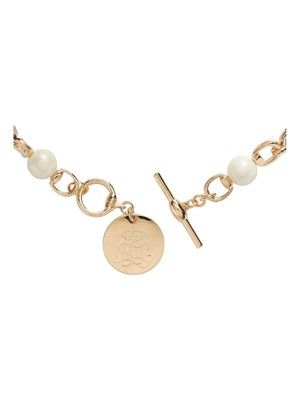 seraphine Lauren Ralph Lauren Gold Tone Faux Pearl & Logo Coin Pendant Necklace