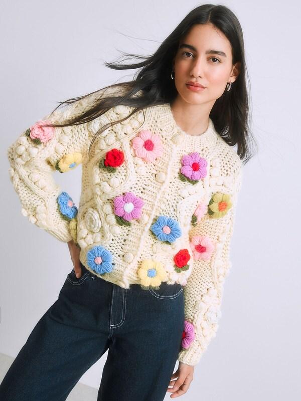 Seraphine Light Yellow Hand Knitted Floral 3D Cardigan