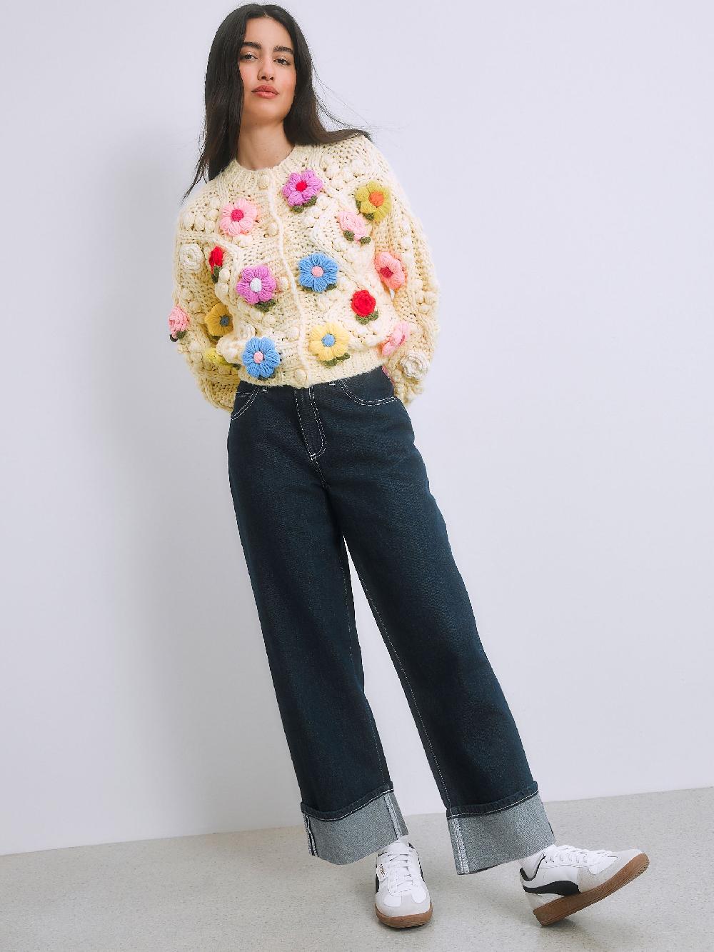 seraphine Light Yellow Hand Knitted Floral 3D Cardigan