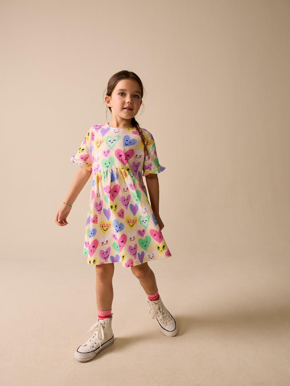 seraphine Light Yellow Heart Print Short Sleeve Jersey Dress (3-16yrs)