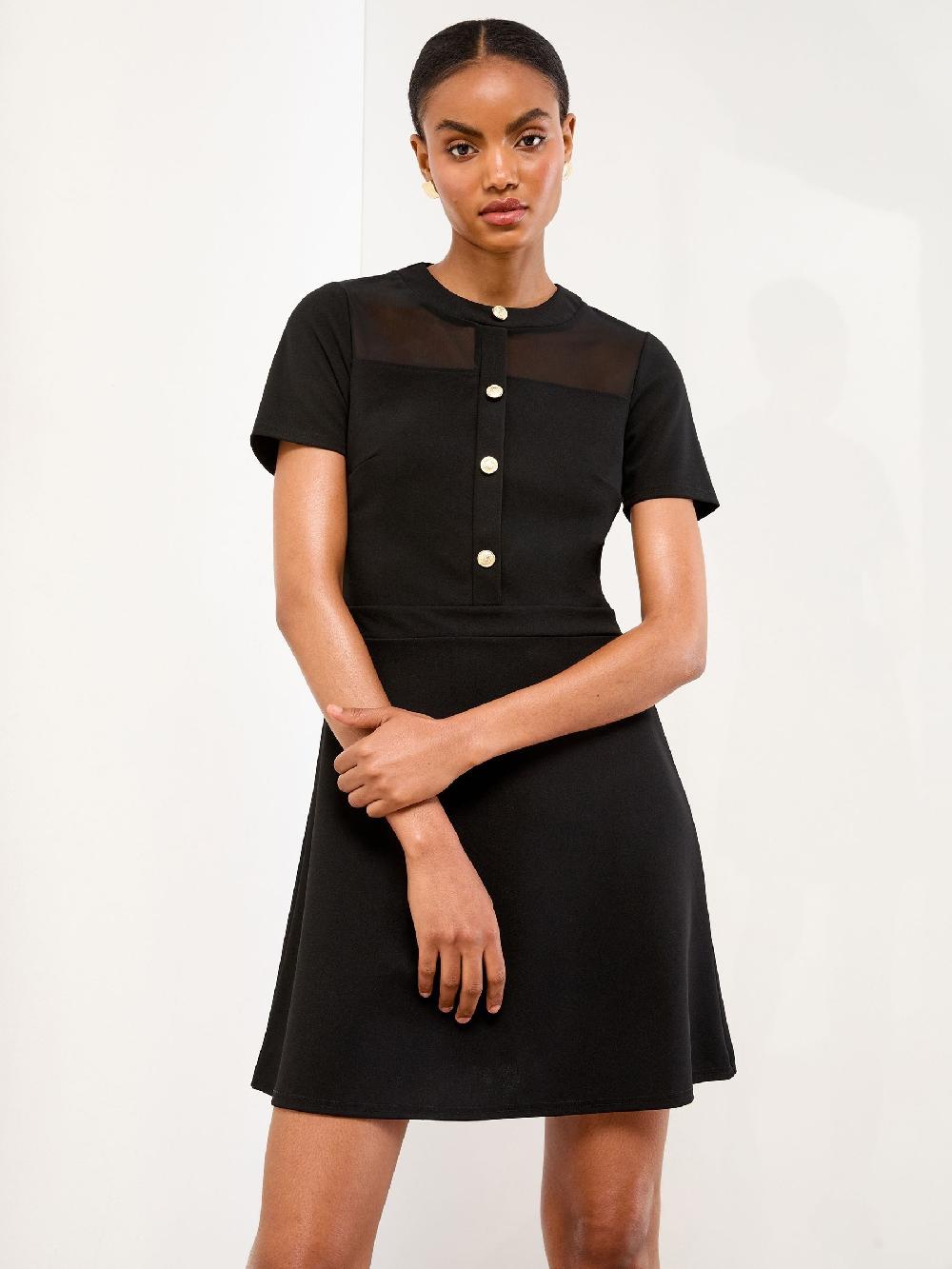 seraphine Lipsy Black Mesh Short Sleeve Military Button Skater Mini Dress