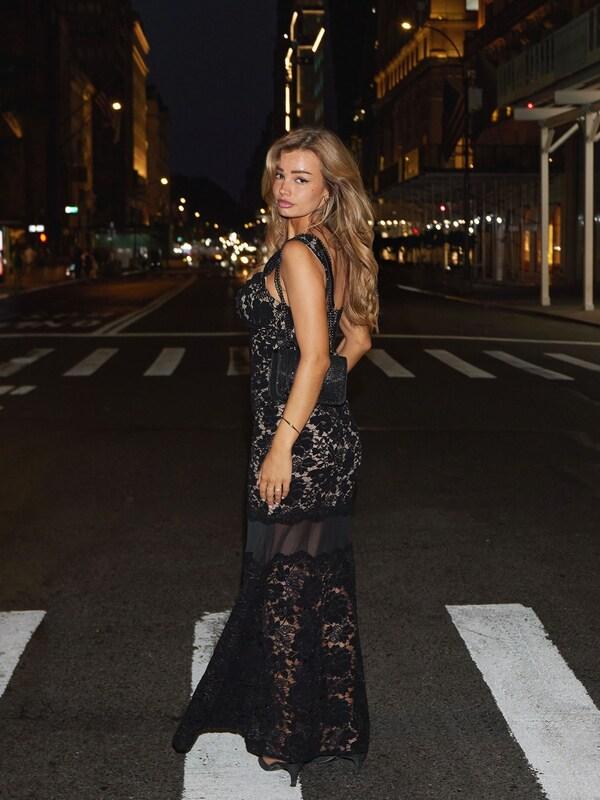 Seraphine Lipsy Black/Nude Premium Lace Embellished Corsage Maxi Dress