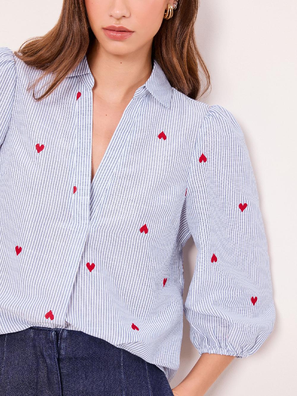 seraphine Lipsy Blue Bisou Heart Poplin Puff Sleeve Shirt
