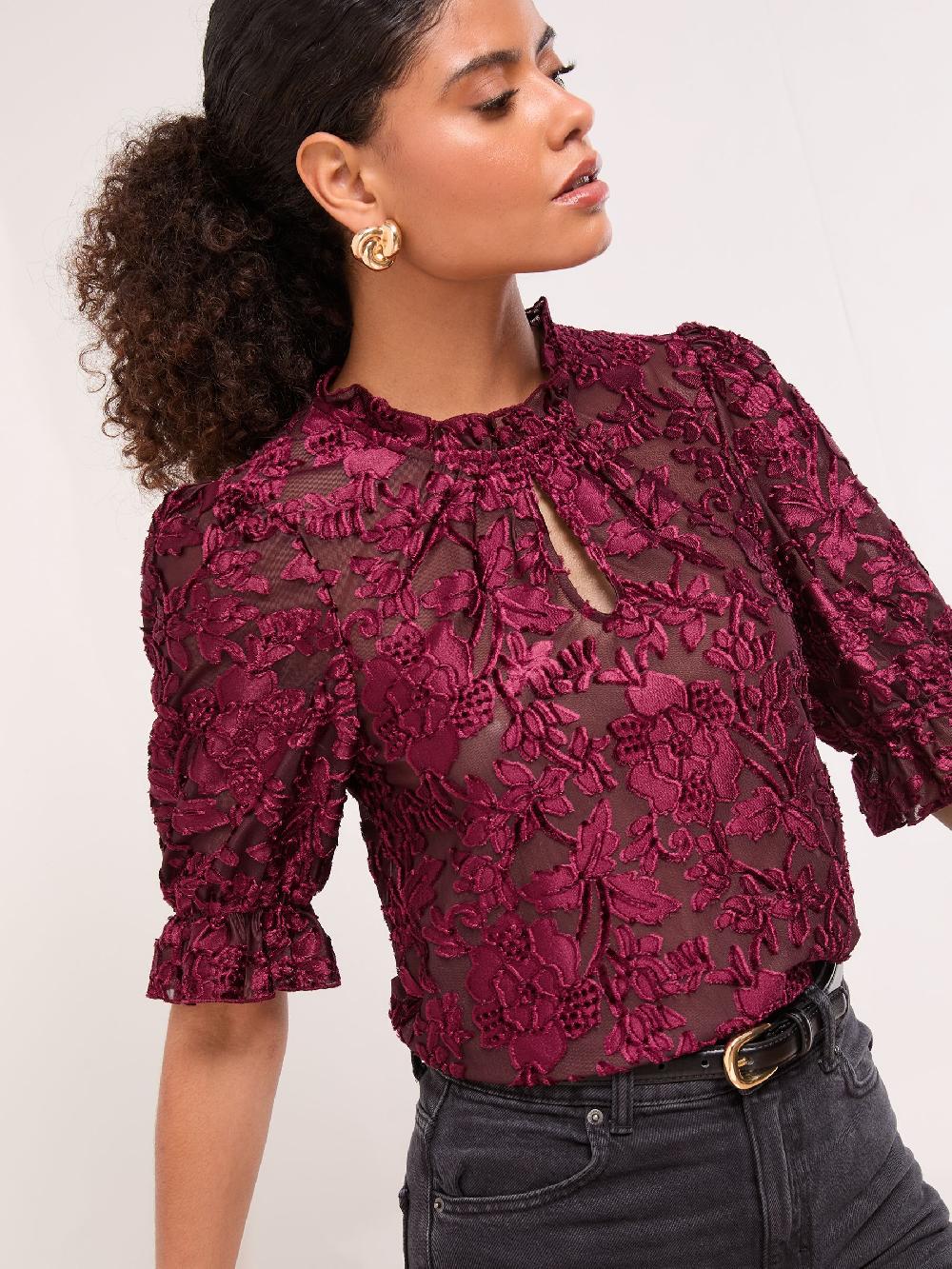 seraphine Lipsy Burgundy Burnout Keyhole Detail Puff Sleeve Top