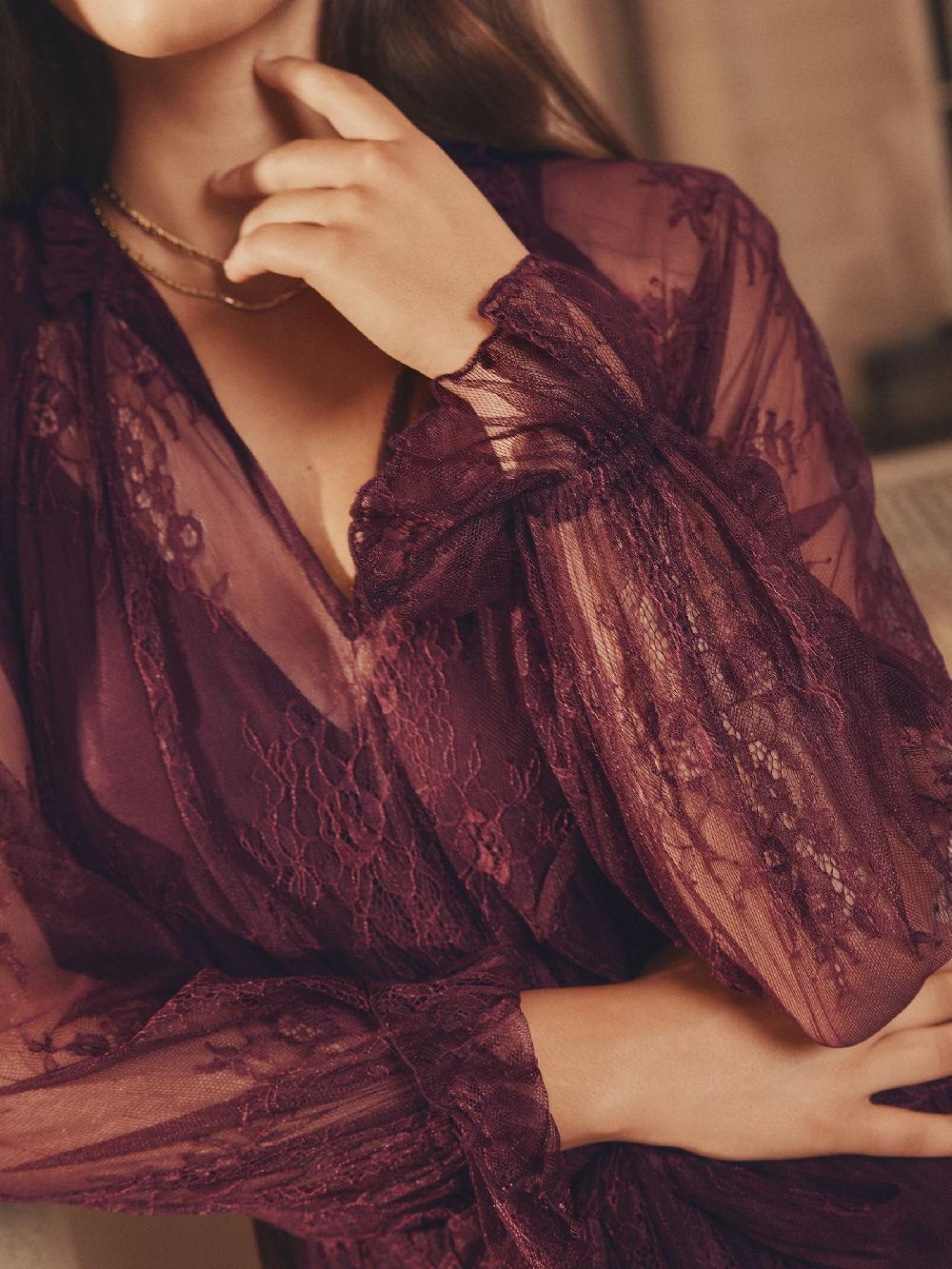 seraphine Lipsy Burgundy Red Lace Ruffle Long Sleeve Midi Dress