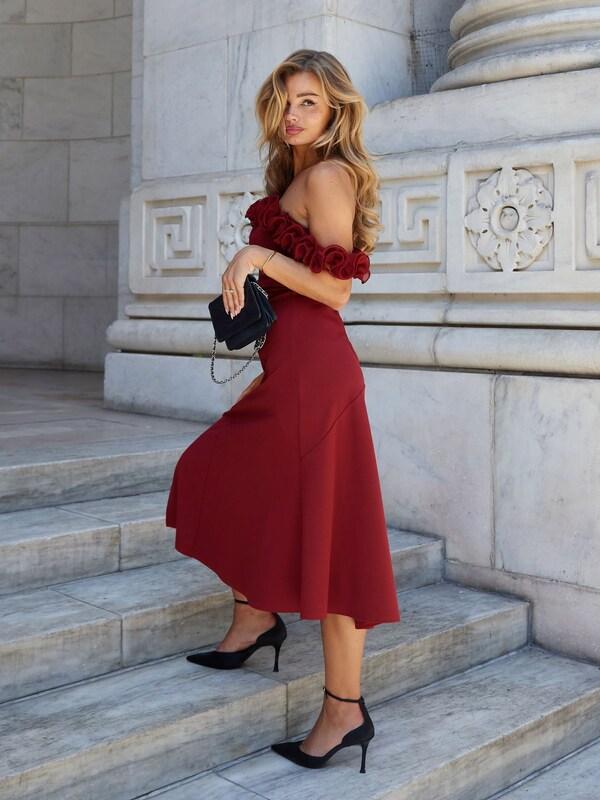 Seraphine Lipsy Burgundy Red Ruffle Bardot Fit And Flare Midi Dress