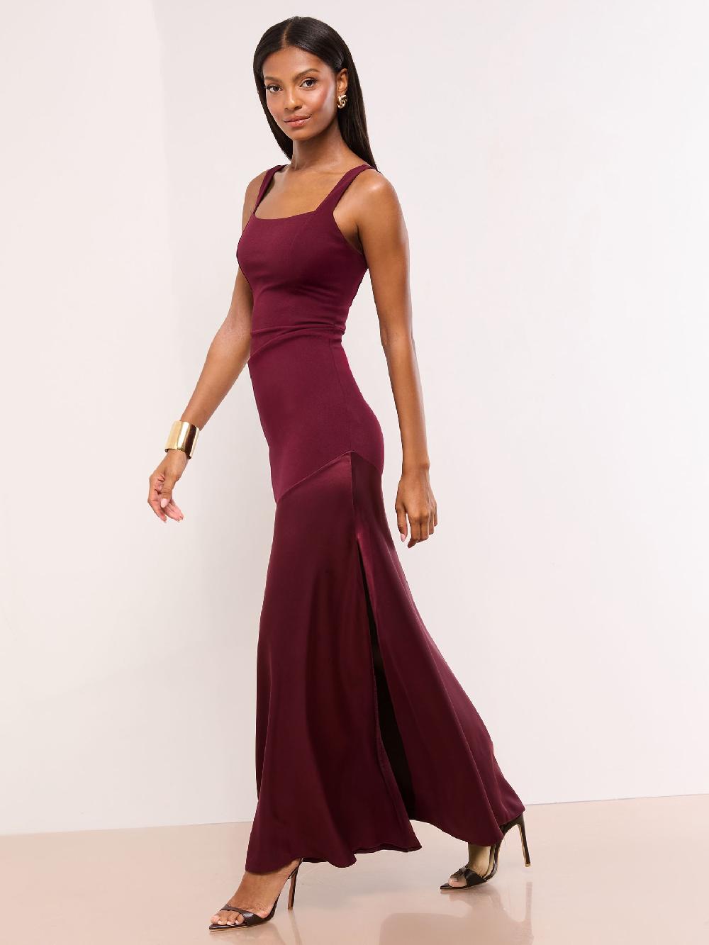 seraphine Lipsy Burgundy Red Satin Mix Structured Fishtail Bridesmaid Maxi Dress