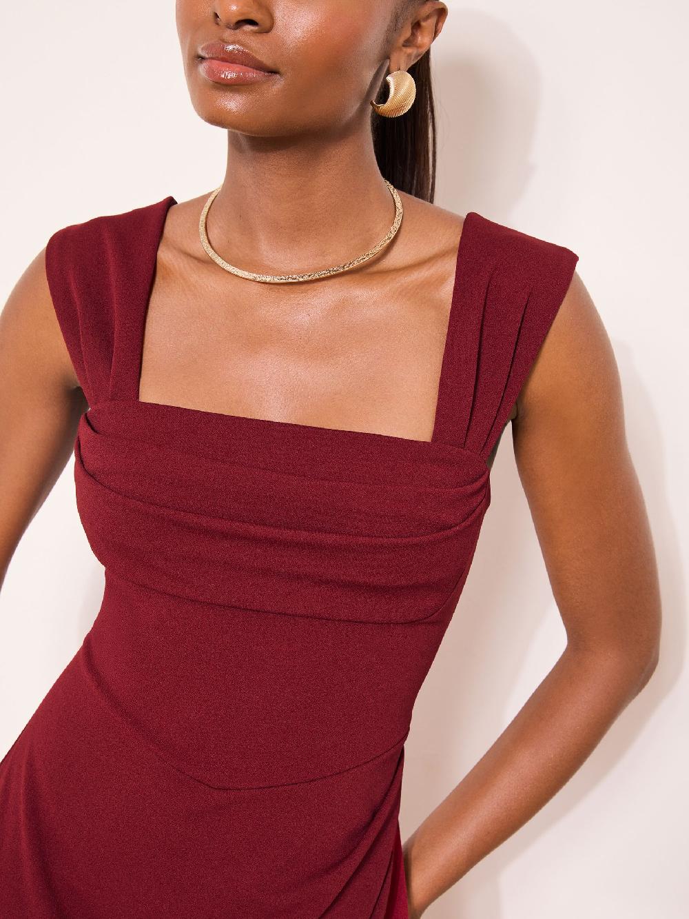 seraphine Lipsy Burgundy Red Square Neck Short Sleeve Ruched Maxi Dress