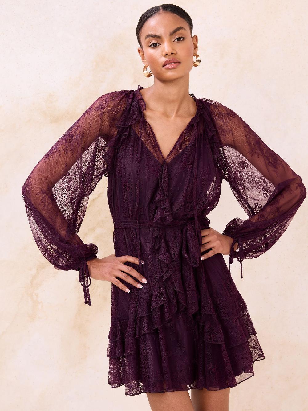 seraphine Lipsy Burgundy Red V-Neck Ruffle Mini Shift Dress