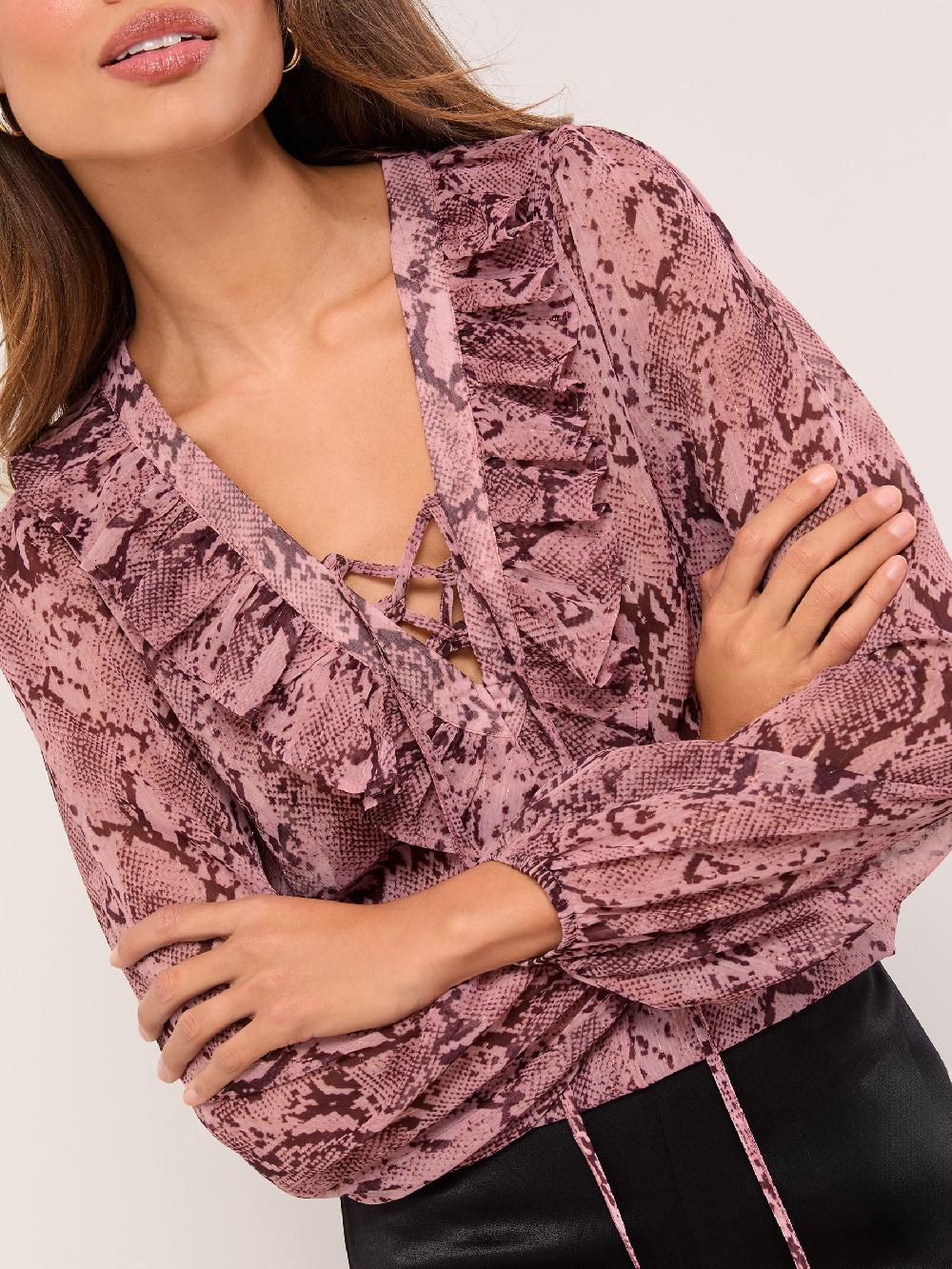 seraphine Lipsy Pink Lurex Snake Print Ruffle Blouse