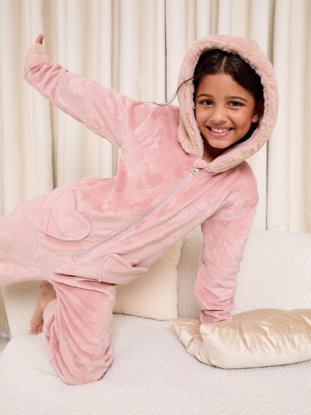 seraphine Lipsy Pink Soft Touch Heart Fleece Onesie (5-16yrs)