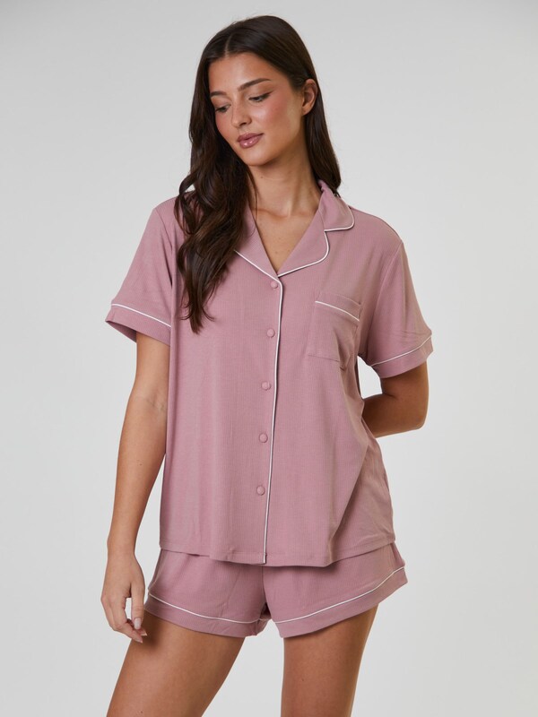 Seraphine Loungeable Dusty Pink/White Trim Soft Rib Short Sleeve Button Through Pyjamas
