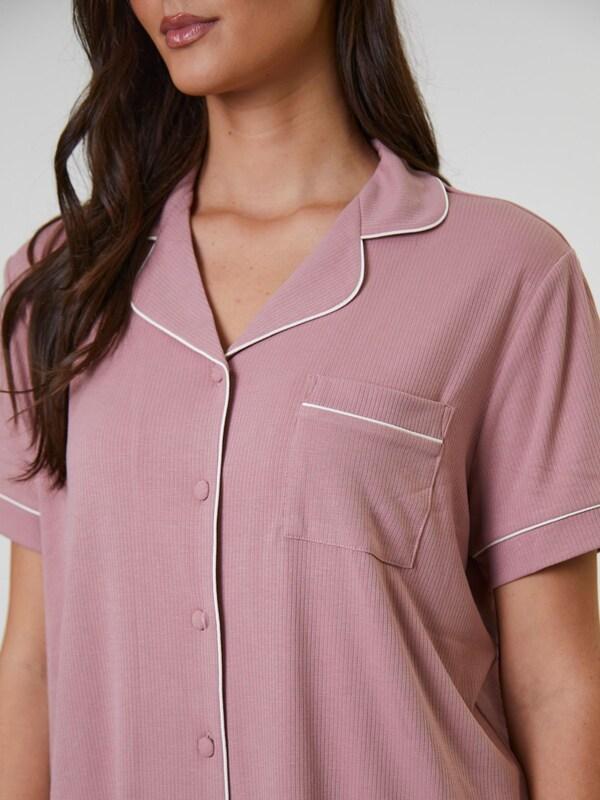 Seraphine Loungeable Dusty Pink/White Trim Soft Rib Short Sleeve Button Through Pyjamas