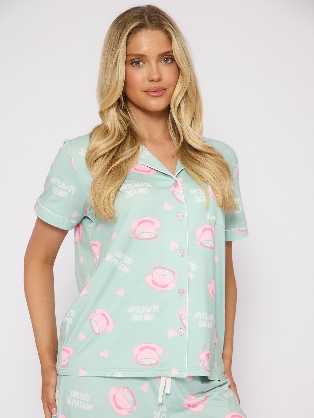 seraphine Loungeable Green Valentines I Love You So Matcha Short Sleeve Button Through Pyjamas