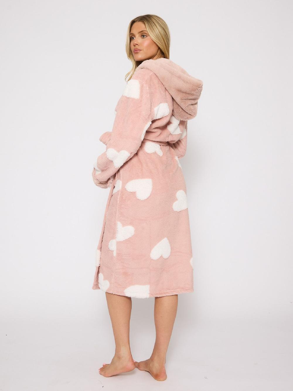 seraphine Loungeable Pink Jaquard Valentines Heart Midi Hooded Dressing Gown