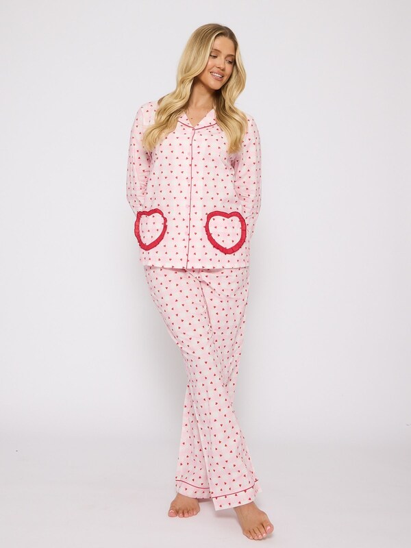 Seraphine Loungeable Pink Valentines Heart Gingham Long Sleeve Button Through Cotton Pyjamas
