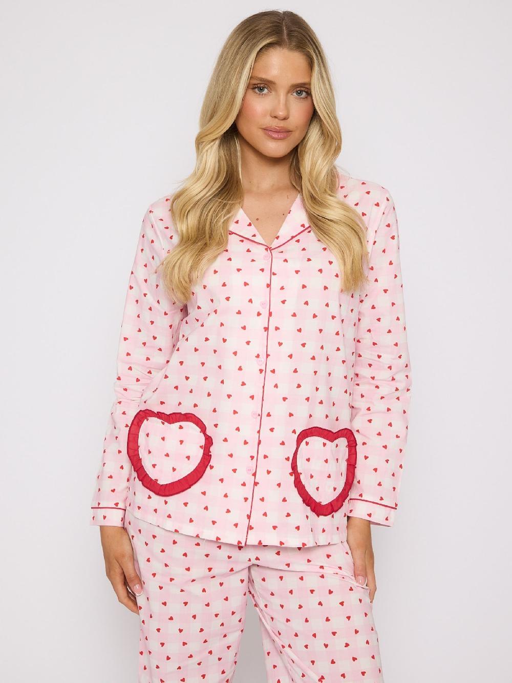 seraphine Loungeable Pink Valentines Heart Gingham Long Sleeve Button Through Cotton Pyjamas